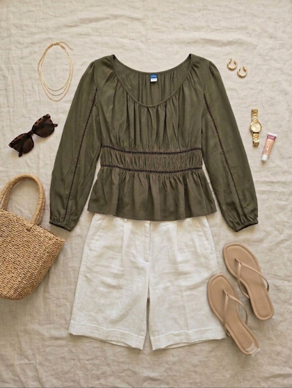 EUC Old Navy Olive Green Peasant Peplum Blouse With Lattice Trim, Small Petite